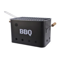 Mini Box Grill - Kohlegrill - Höhe 21cm - Inkl. Grillrost - Holztragegriffe - Metall - Schwarz