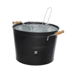 Mini Eimergrill - Kohlegrill - H:24cm - Inkl. Grill- U.Kohlerost - Holztragegriff - Metall - Schwarz