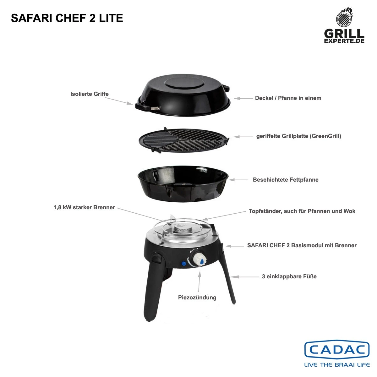 CADAC SAFARI CHEF 30 LITE LP - 30mBar - Inkl. Topfständer, Grillrost, Pfanne/Deckel – Bild 2