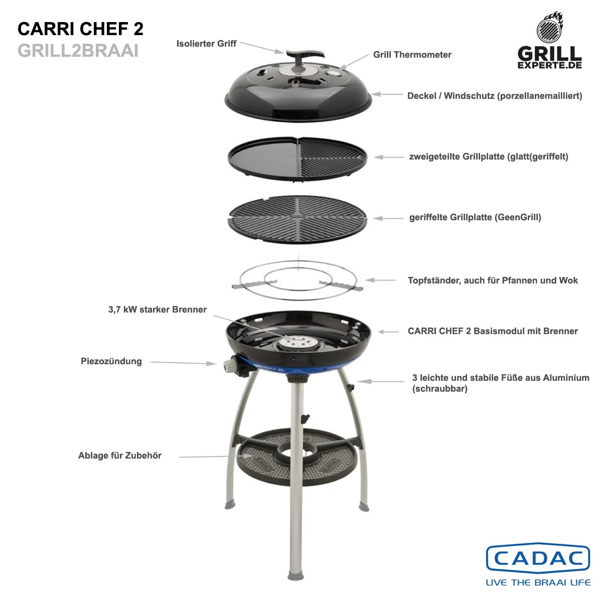 CADAC Carri Chef 50 GRILL2BRAAI - 30mbar - Mobiler Gasgrill - Grillrost/Grillplatte/Plancha - Deckel – Bild 2